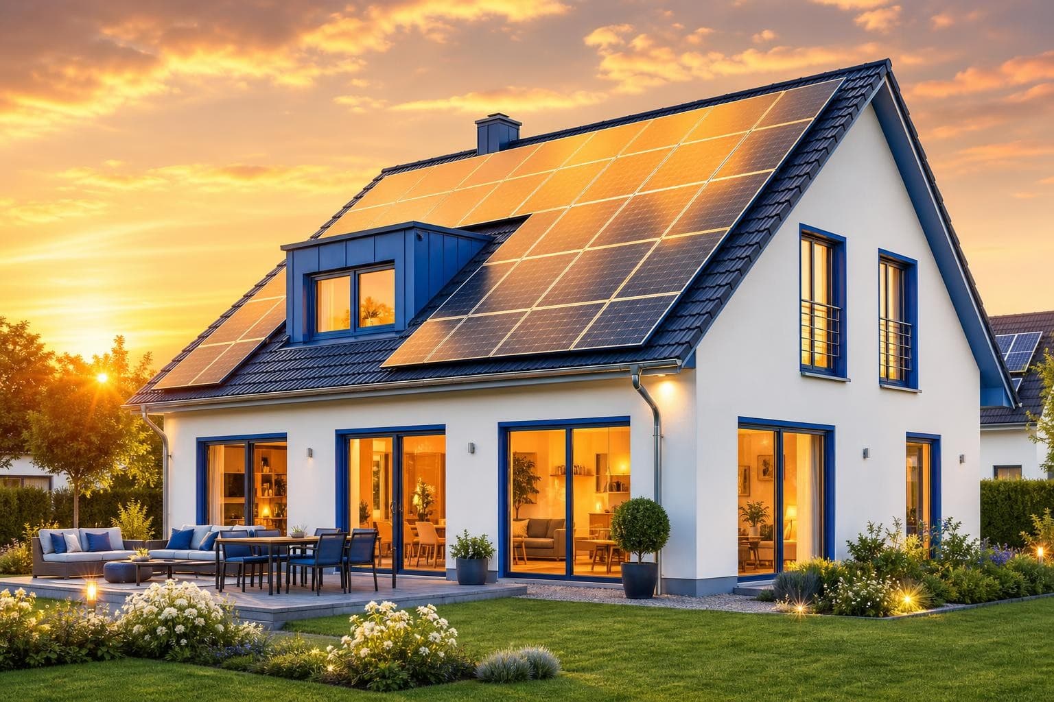 Modernes Zuhause mit Photovoltaik und Stromspeicher im Abendlicht
