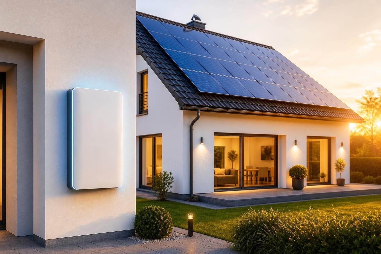 Modernes Einfamilienhaus mit Photovoltaik-Anlage und wandmontiertem Stromspeicher